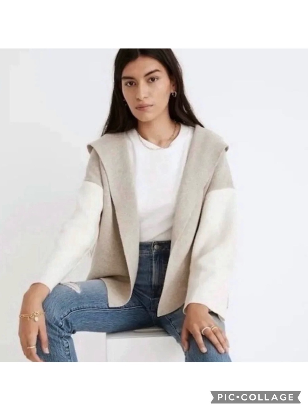 Madewell Dockery Cardigan Hooded Ooen Front Grey Ivory Colorblock XS Oversized